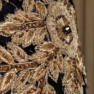 Vtg Women's 40s Black Crepe Silk  Dress Goldwork 1940s Formal Hostess Handmade S